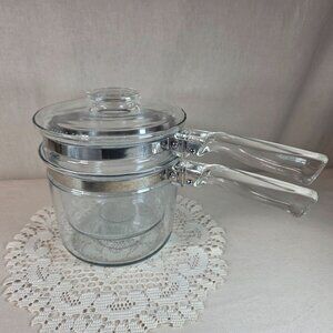 Vintage Pyrex 1.5 Quart Glass Double Boiler With Lid & Metal Band Handles
